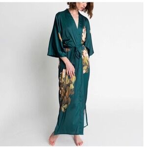 KIM + ONO Teal Blue Floral Butterfly Satin Kimono Robe Long Dressing Gown OS